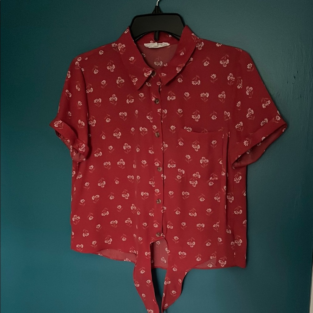 Hippie Rose Red Button Down Shirt with Tie-Front Detail
